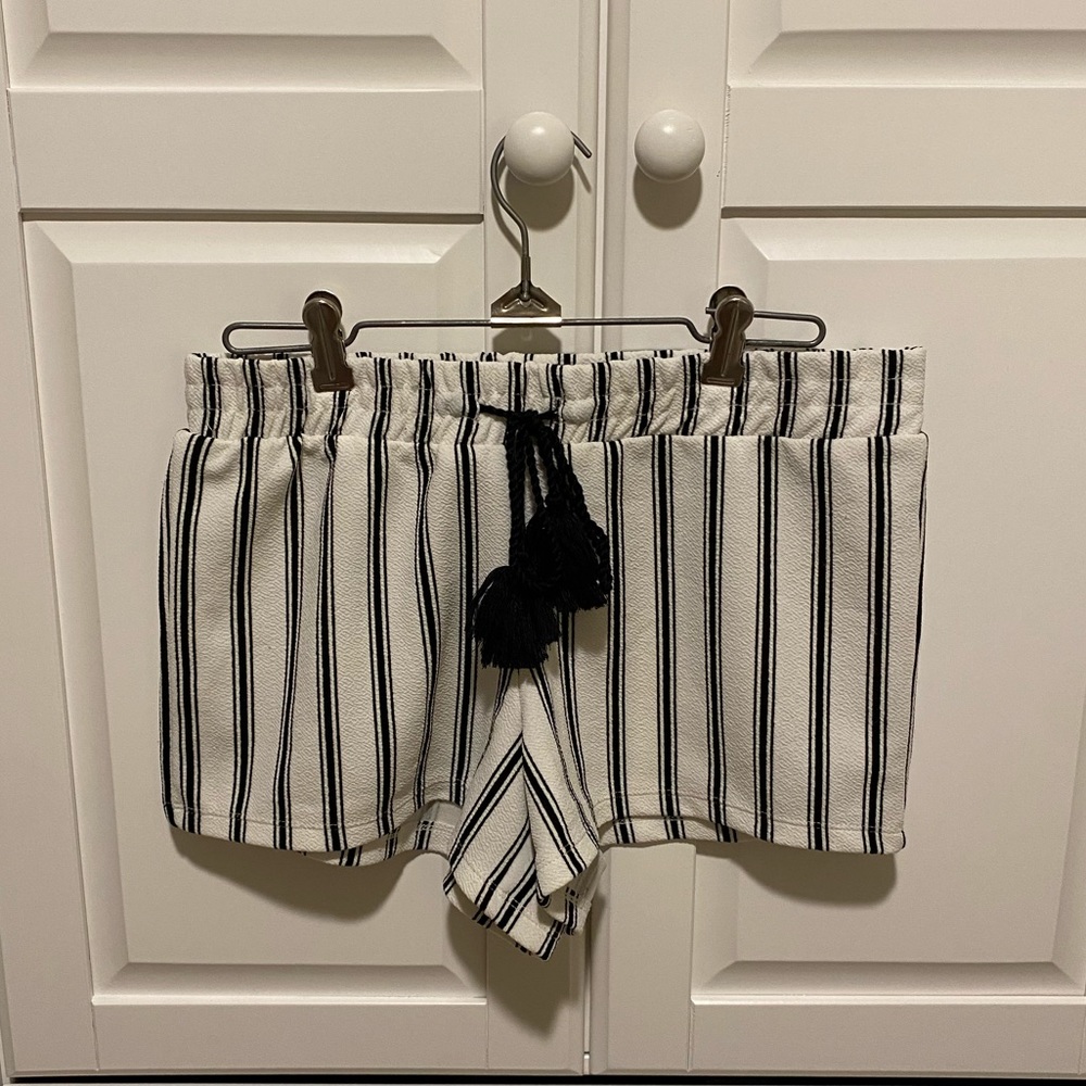 black and white striped shorts with tassel tie
